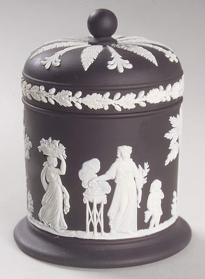 Cream Color on Black Jasperware Olympus Jar & Lid by Wedgwood-1