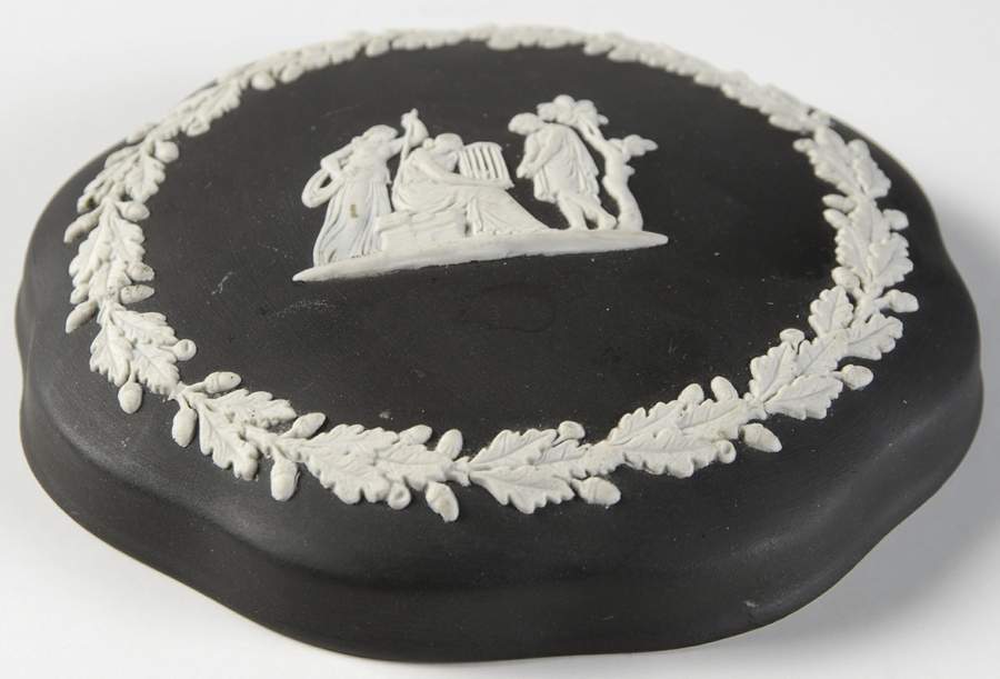 Cream Color on Black Jasperware Lid for Large Scalloped Candy Box by Wedgwood-1