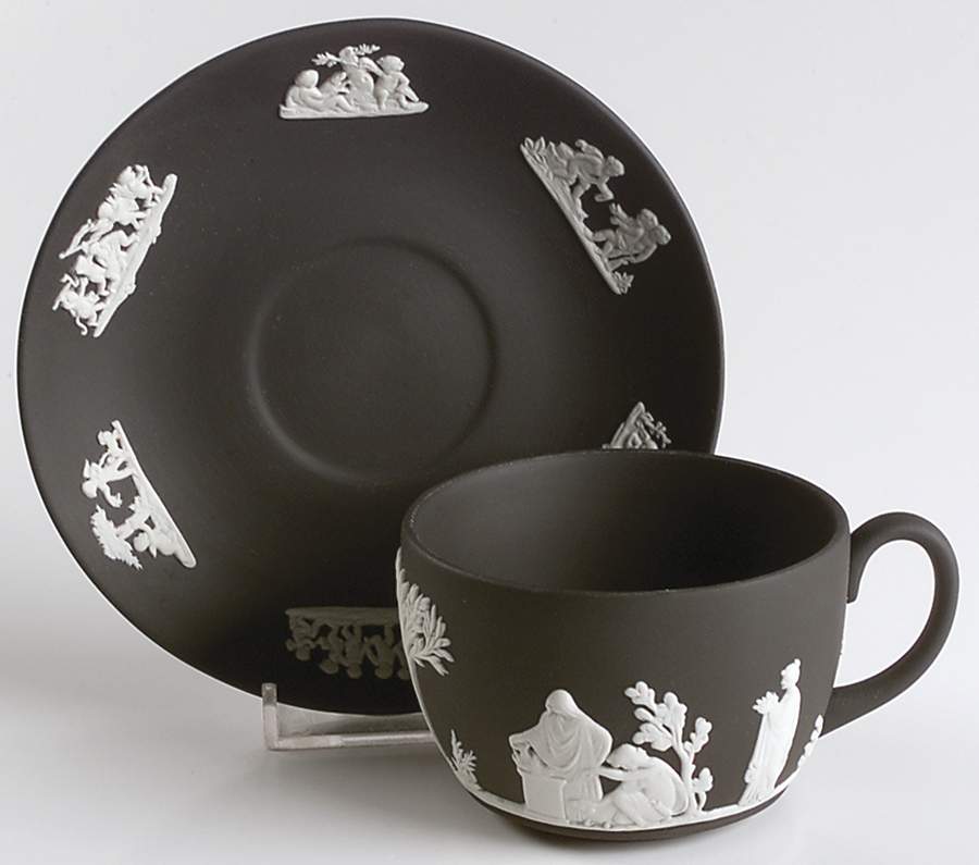 Cream Color on Black Jasperware Flat Cup & Saucer Set by Wedgwood-1