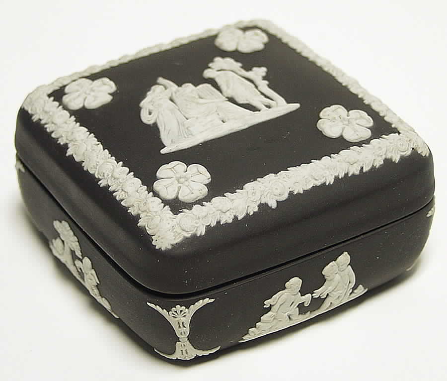 Cream Color on Black Jasperware Square Box with Lid by Wedgwood-1
