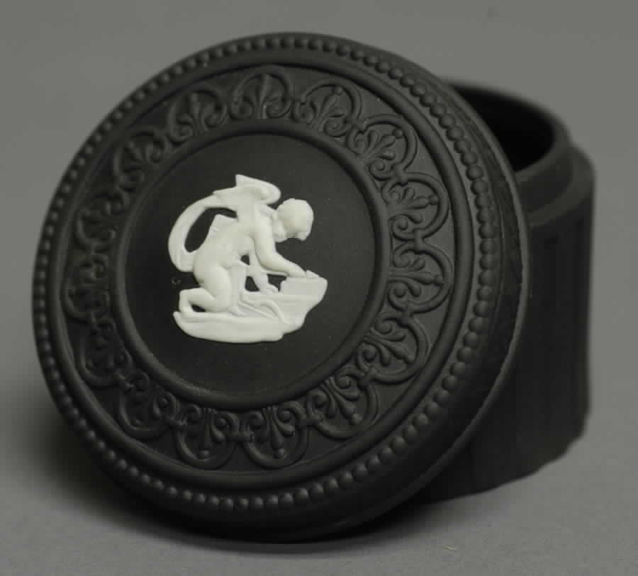 Cream Color on Black Jasperware Fluted Round Box & Lid by Wedgwood-1