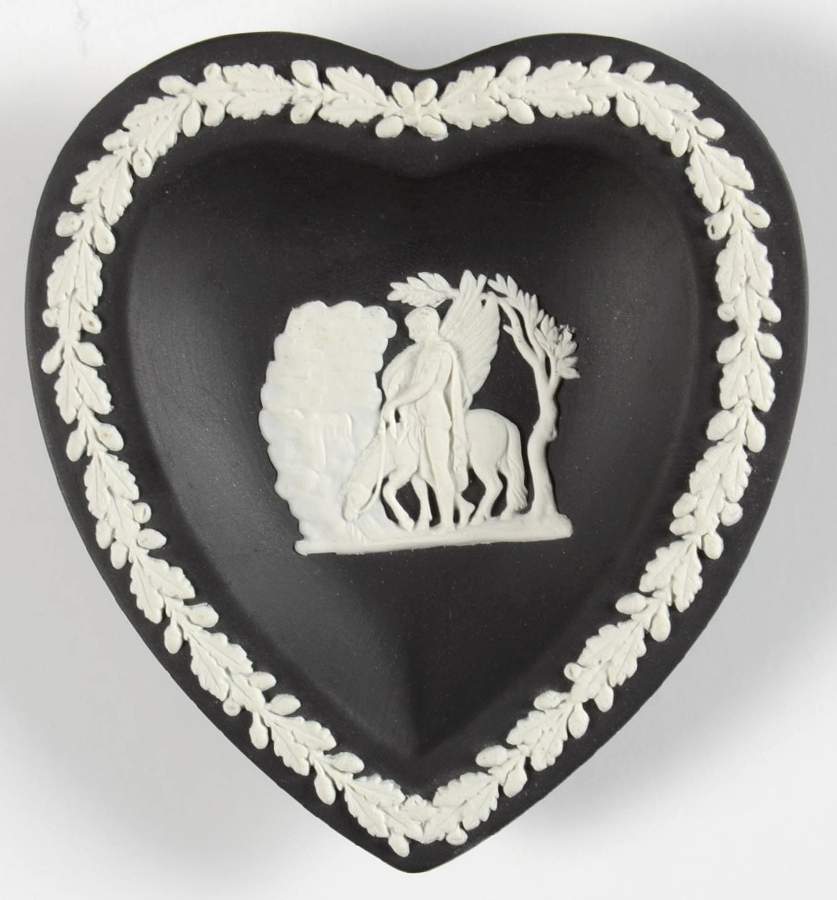 Cream Color on Black Jasperware Small Heart Shape Ashtray by Wedgwood-1