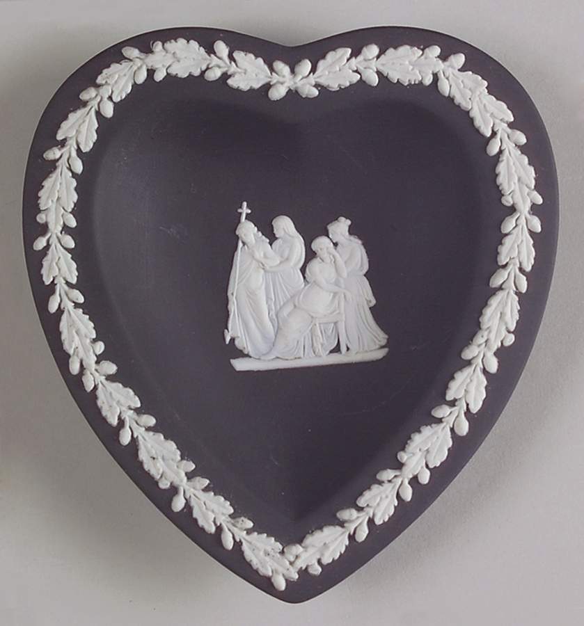 Cream Color on Black Jasperware Small Heart Shape Ashtray by Wedgwood-1