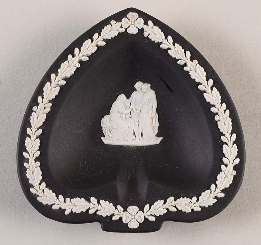 Cream Color on Black Jasperware Small Spade Shape Ashtray by Wedgwood-1