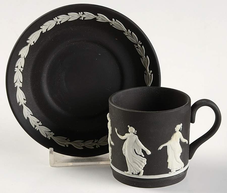 Cream Color on Black Jasperware Flat Demitasse Cup & Saucer Set by Wedgwood-1