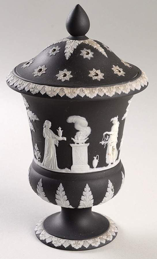 Cream Color on Black Jasperware Potpourri Jar & Lid by Wedgwood-1