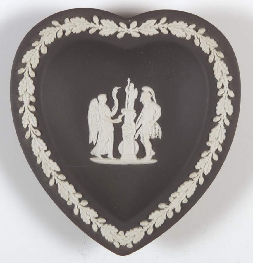 Cream Color on Black Jasperware Small Heart Shape Ashtray by Wedgwood-1