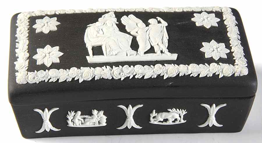 Cream Color on Black Jasperware 3" Rectangular Box & Lid by Wedgwood-1