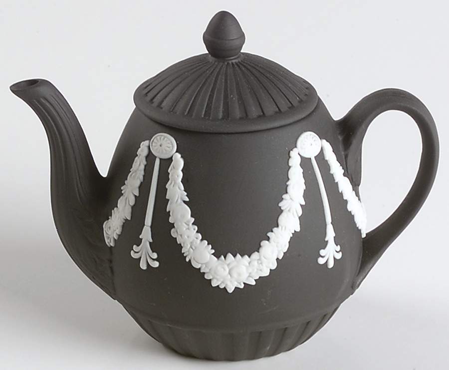 Cream Color on Black Jasperware Individual Teapot & Lid by Wedgwood-1