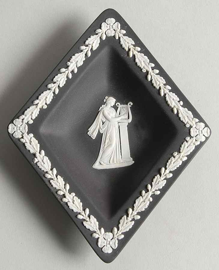 Cream Color on Black Jasperware Small Diamond Shape Ashtray by Wedgwood-1