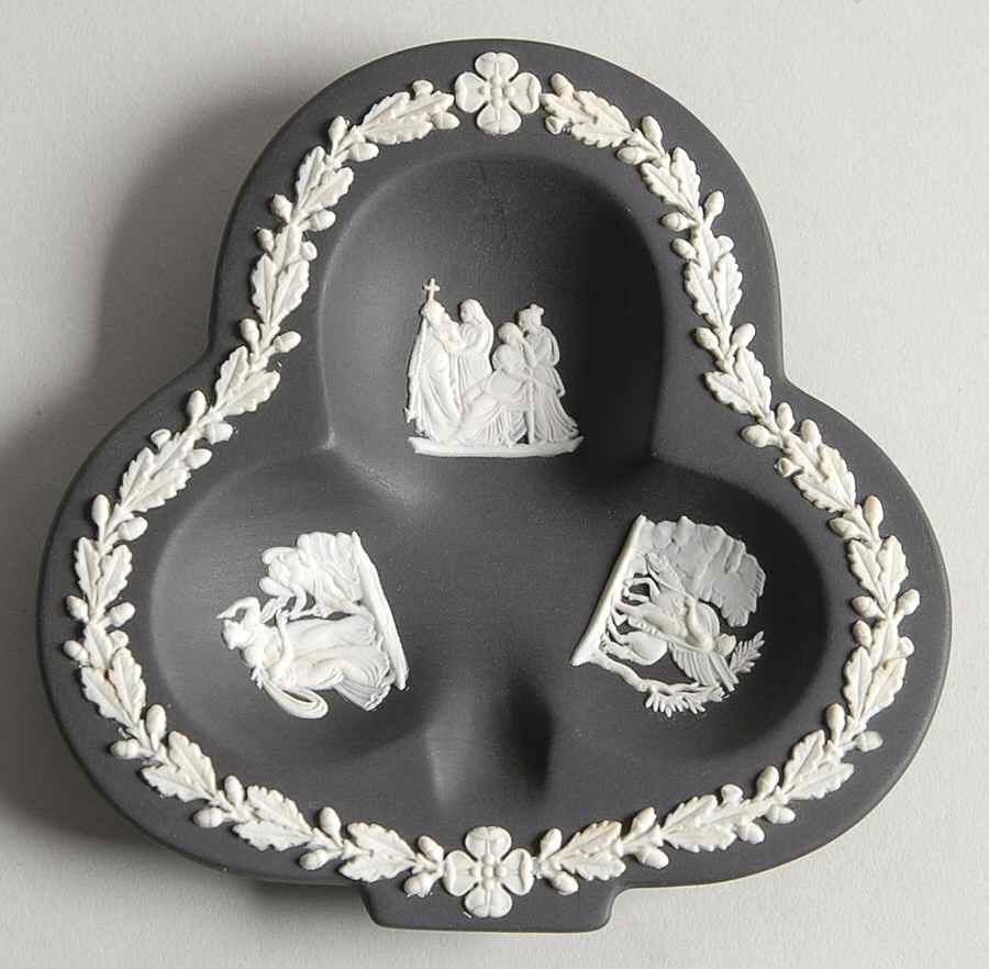 Cream Color on Black Jasperware Small Club Shape Ashtray by Wedgwood-1