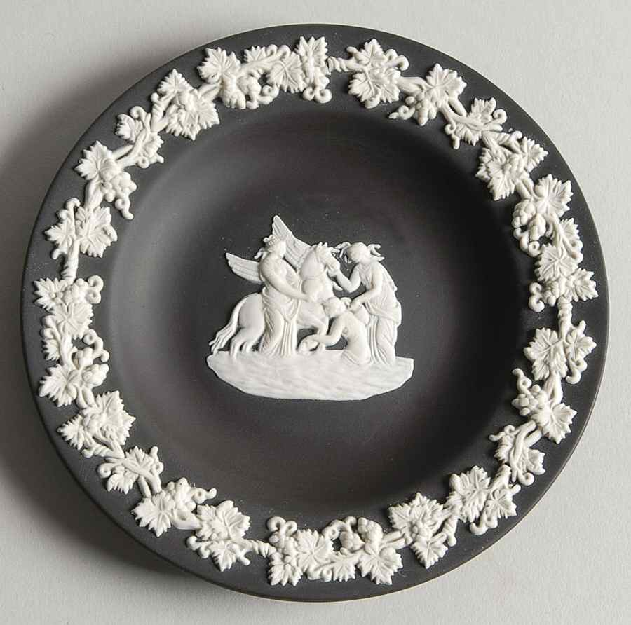 Cream Color on Black Jasperware 4" Round Tray by Wedgwood-1