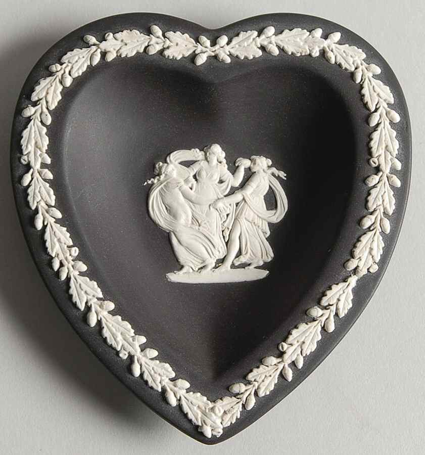 Cream Color on Black Jasperware Small Heart Shape Ashtray by Wedgwood-1