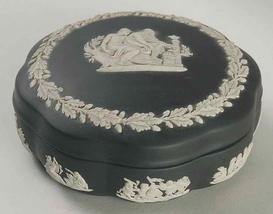 Cream Color on Black Jasperware Large Scalloped Candy Box & Lid by Wedgwood-1