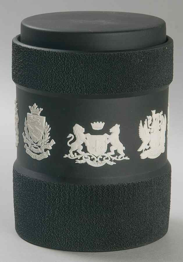 Cream Color on Black Jasperware Tea Caddy & Lid by Wedgwood-1