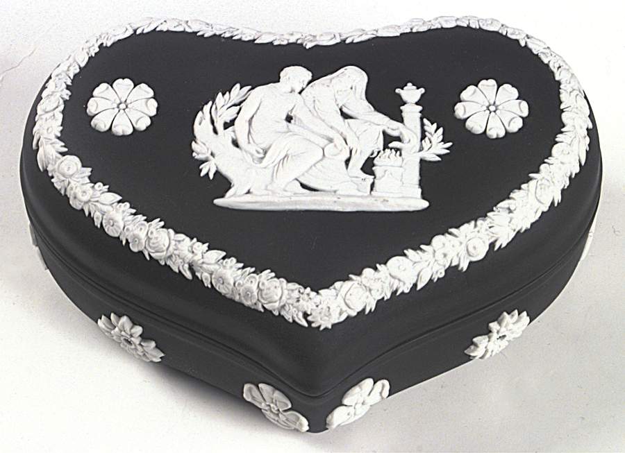 Cream Color on Black Jasperware Large Heart Shape Box with Lid by Wedgwood-1