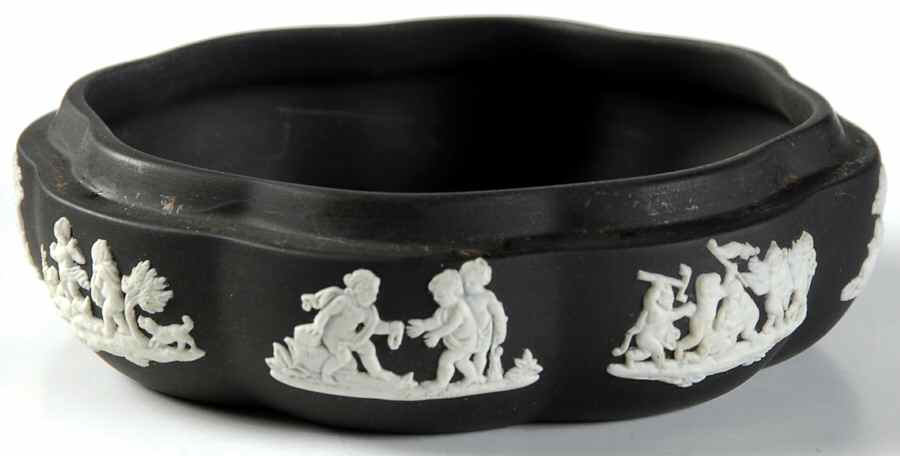 Cream Color on Black Jasperware Large Scalloped Candy Box-No Lid by Wedgwood-1