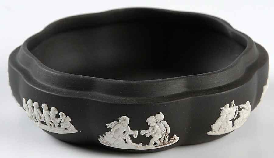 Cream Color on Black Jasperware Large Scalloped Candy Box-No Lid by Wedgwood-1