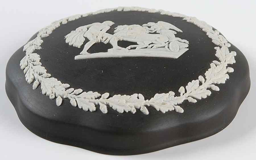 Cream Color on Black Jasperware Lid for Large Scalloped Candy Box by Wedgwood-1