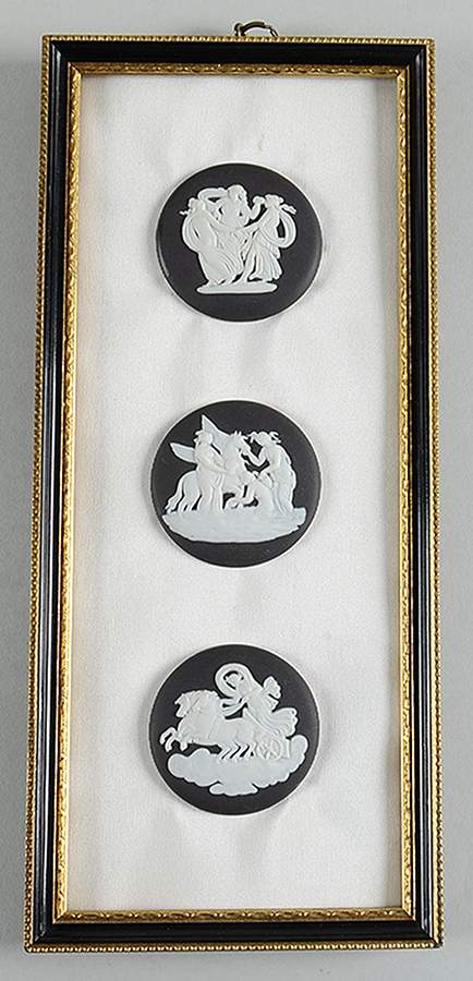 Cream Color on Black Jasperware Triple Plaque w/Wood Frame by Wedgwood-1