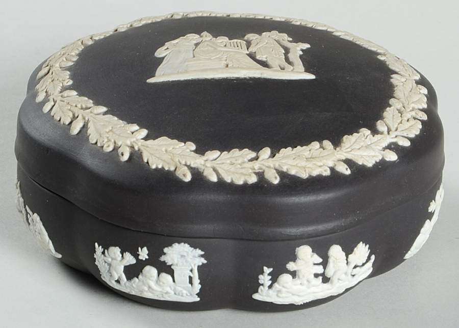 Cream Color on Black Jasperware Scalloped Box & Lid by Wedgwood-1