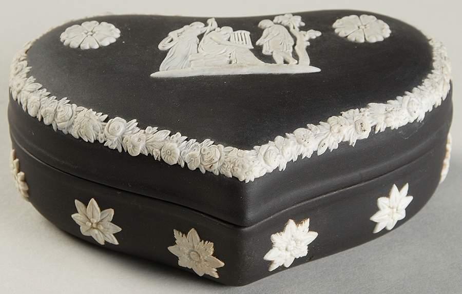 Cream Color on Black Jasperware Heart Shape Box & Lid by Wedgwood-1