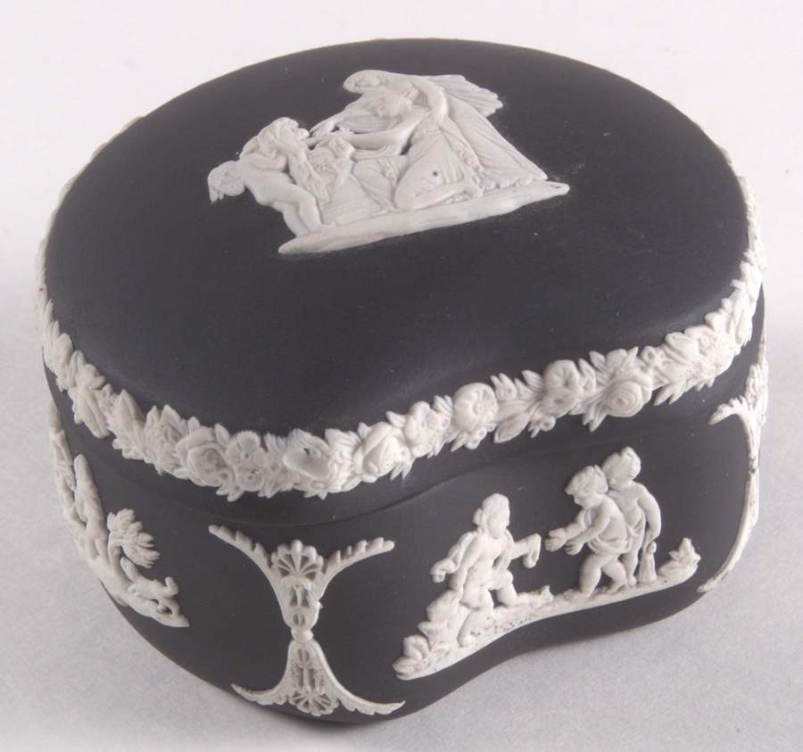 Cream Color on Black Jasperware Bean Box & Lid by Wedgwood-1