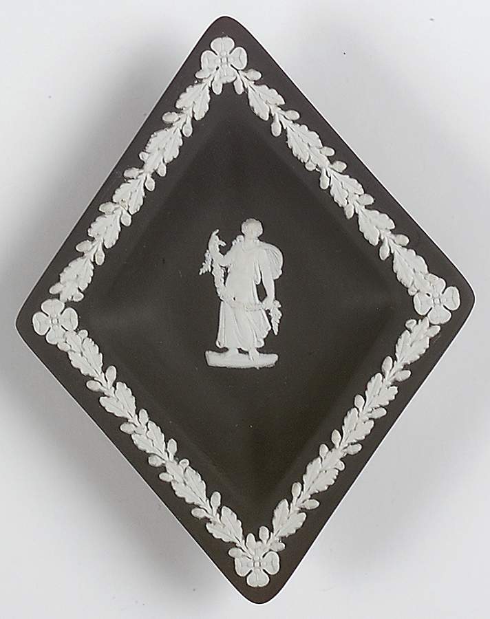 Cream Color on Black Jasperware Small Diamond Shape Ashtray by Wedgwood-1