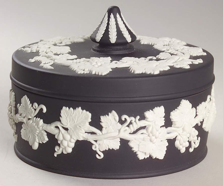 Cream Color on Black Jasperware Large Spiked Knob Box by Wedgwood-1