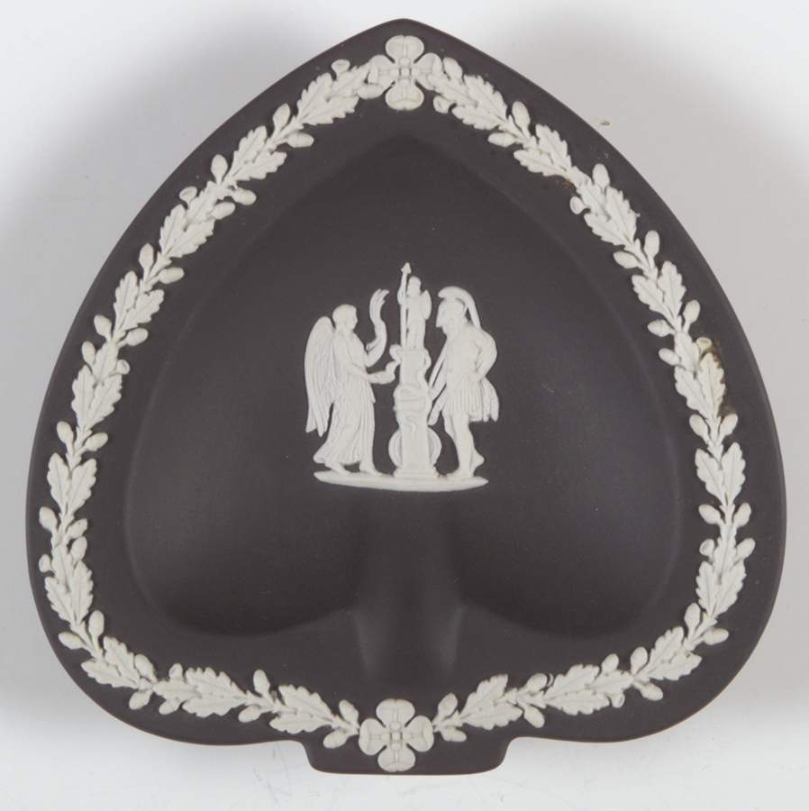 Cream Color on Black Jasperware Small Spade Shape Ashtray by Wedgwood-1