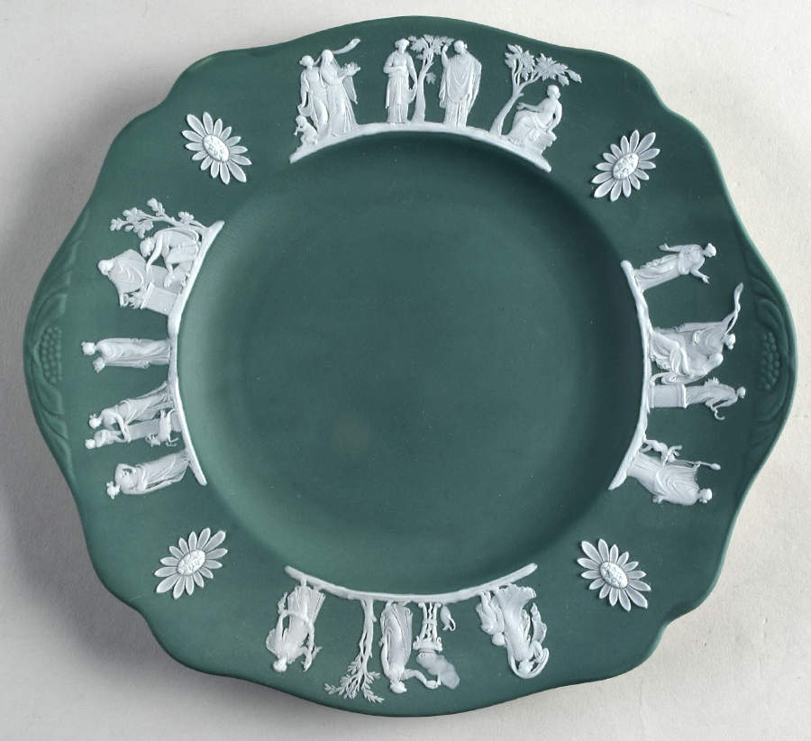 Cream Color on Spruce Green Jasperware Square Handled Cake Plate by Wedgwood-1