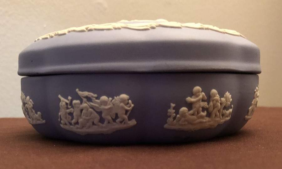 Cream Color on Lavender (Pale Blue) Jasperware Large Scalloped Candy Box & Lid by Wedgwood-1