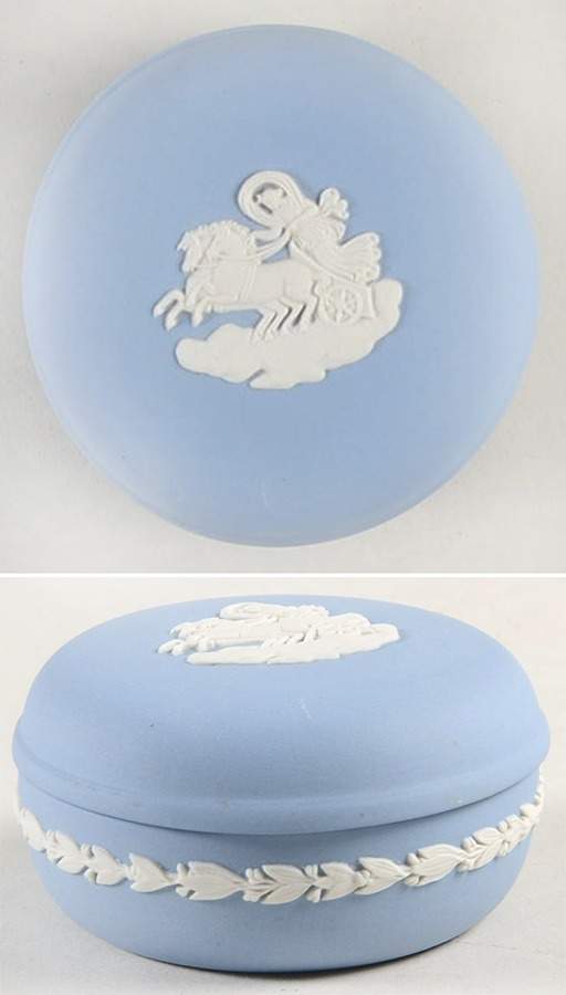 Cream Color on Lavender (Pale Blue) Jasperware 2" Candy Box W/Lid by Wedgwood-1
