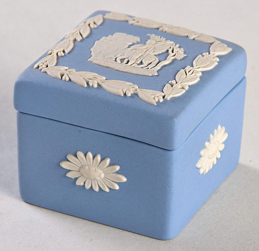 Cream Color on Lavender (Pale Blue) Jasperware Square Box with Lid by Wedgwood-1