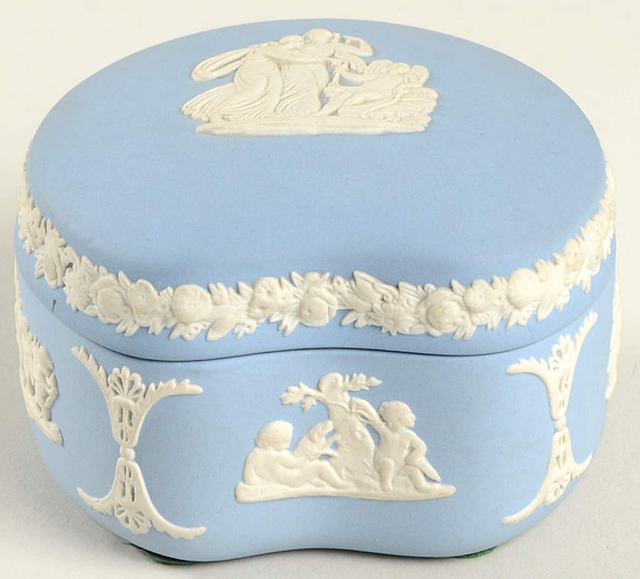 Cream Color on Lavender (Pale Blue) Jasperware Bean Box & Lid by Wedgwood-1