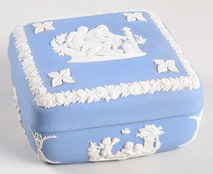 Cream Color on Lavender (Pale Blue) Jasperware Square Box & Lid by Wedgwood-1
