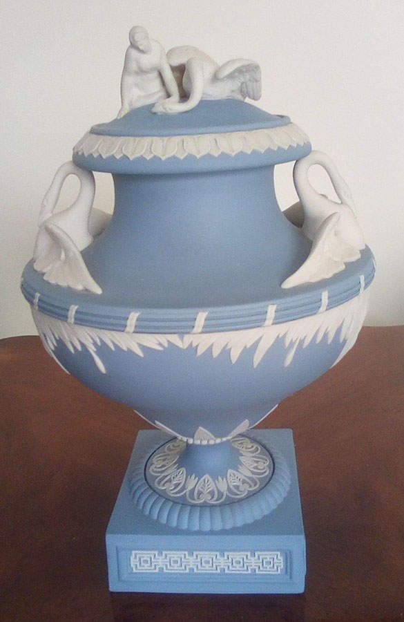 Cream Color on Lavender (Pale Blue) Jasperware Leda & Swan Vase & Lid by Wedgwood-1