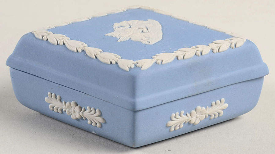 Cream Color on Lavender (Pale Blue) Jasperware Diamond Shaped Box & Lid by Wedgwood-1