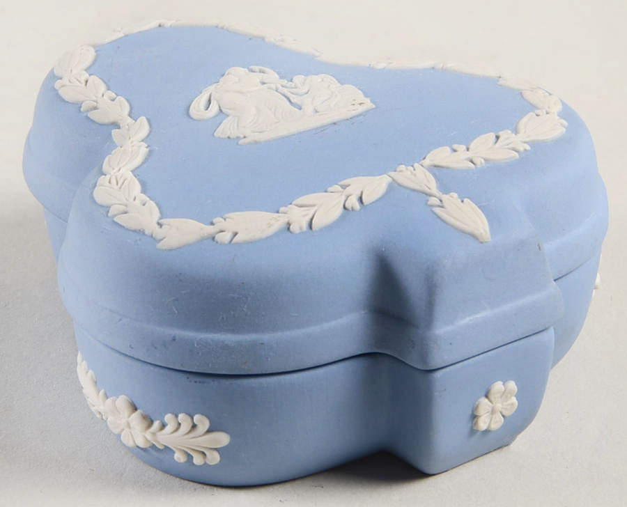 Cream Color on Lavender (Pale Blue) Jasperware Club Shape Box & Lid by Wedgwood-1