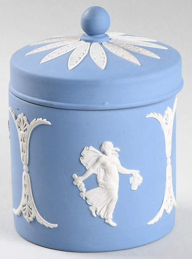 Cream Color on Lavender (Pale Blue) Jasperware Cigarette Jar & Lid by Wedgwood-1