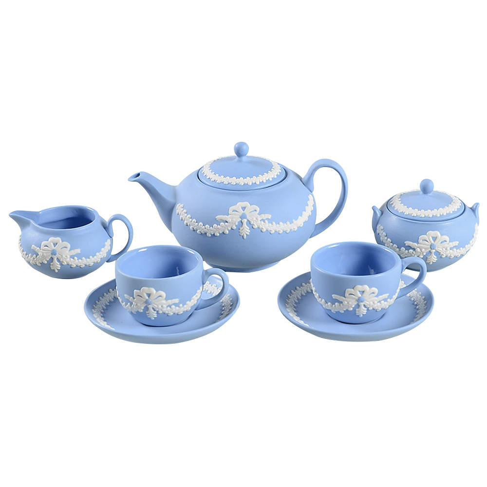 Cream Color on Lavender (Pale Blue) Jasperware (9 Pcs) Miniature Tea Set by Wedgwood-1
