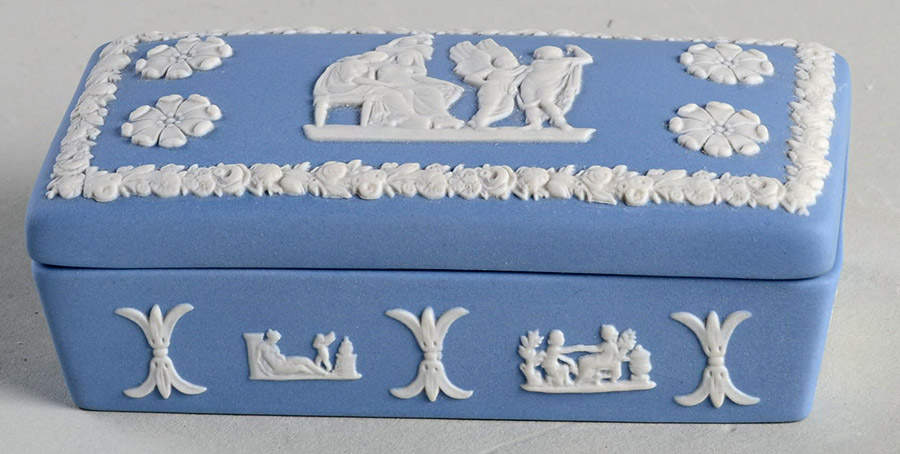 Cream Color on Lavender (Pale Blue) Jasperware 3" Rectangular Box & Lid by Wedgwood-1
