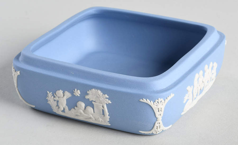 Cream Color on Lavender (Pale Blue) Jasperware Square Box No Lid by Wedgwood-1