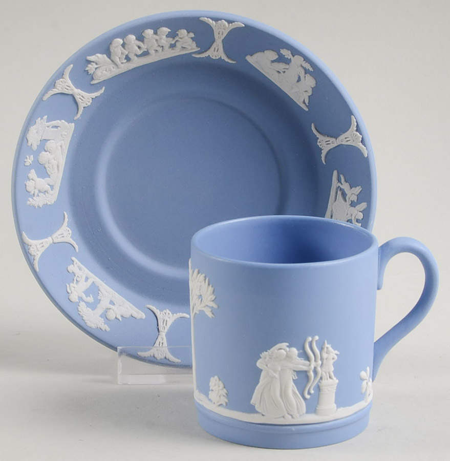 Cream Color on Lavender (Pale Blue) Jasperware Flat Demitasse Cup & Saucer Set by Wedgwood-1