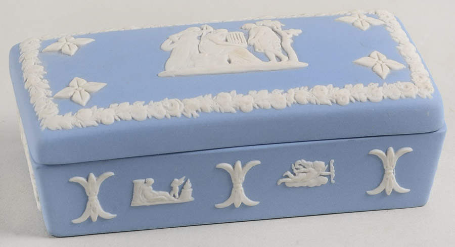 Cream Color on Lavender (Pale Blue) Jasperware 3" Rectangular Box & Lid by Wedgwood-1