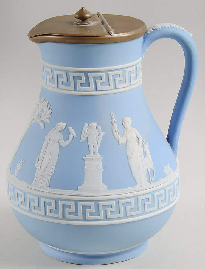 Cream Color on Lavender (Pale Blue) Jasperware 6" Etruscan Jug & Metal Lid by Wedgwood-1