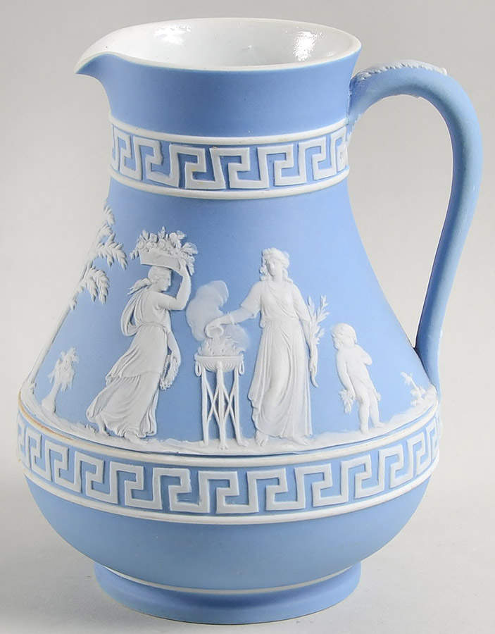 Cream Color on Lavender (Pale Blue) Jasperware 6" Etruscan Jug by Wedgwood-1