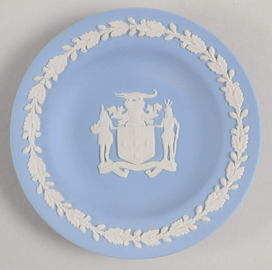 Cream Color on Lavender (Pale Blue) Jasperware 4" Round Tray by Wedgwood-1