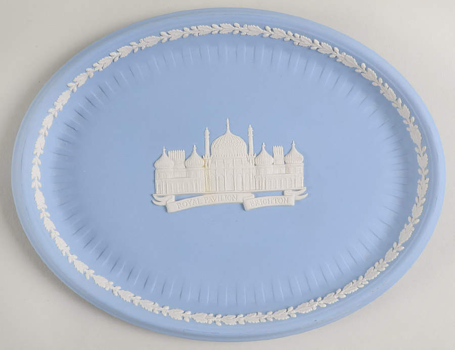Cream Color on Lavender (Pale Blue) Jasperware 10" Oval Tray by Wedgwood-1