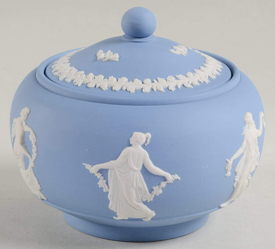 Cream Color on Lavender (Pale Blue) Jasperware Sugar Bowl & Lid by Wedgwood-1
